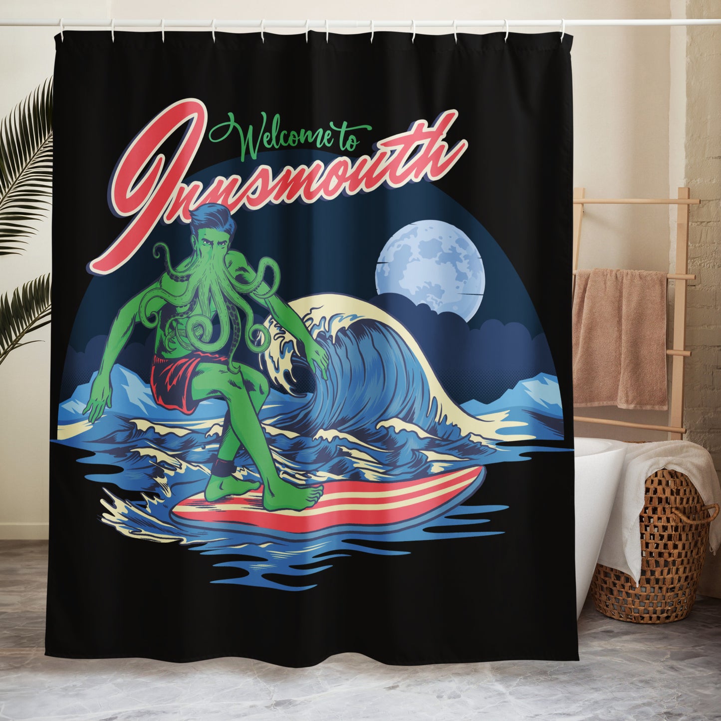 Innsmouth Surfing Lovecraft Shower curtain